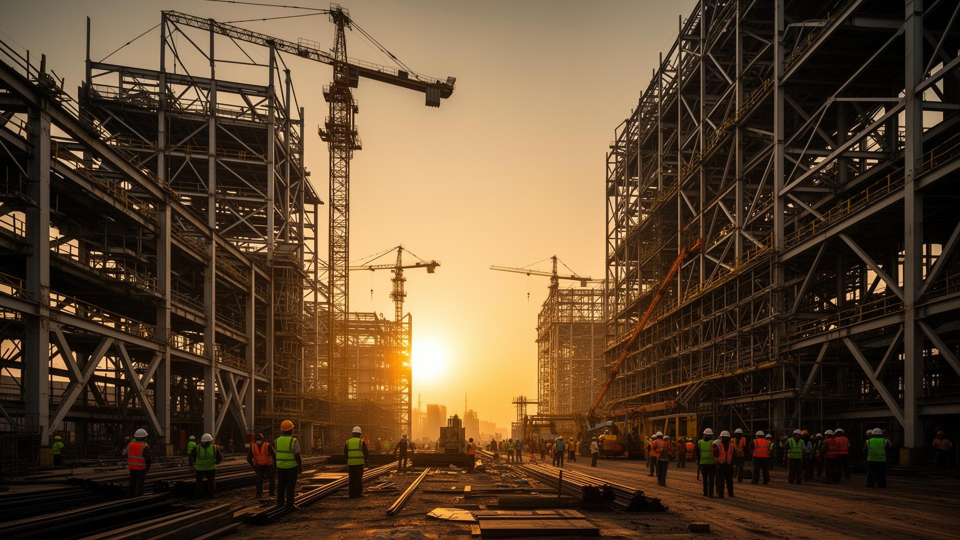 Industrial construction site at sunset